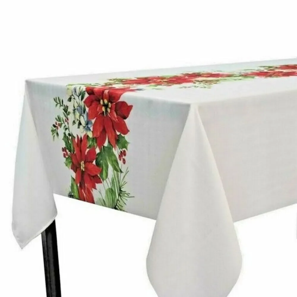 Christmas Fabric Cloth Tablecloth Glorious Garland Poinsettia White 60x84
